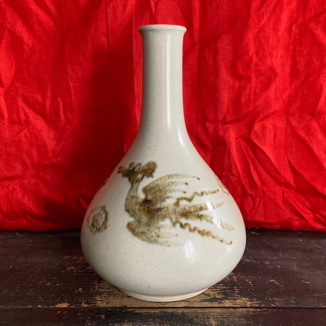 李朝　鉄砂　瓶　徳利　鳳凰文　箱付