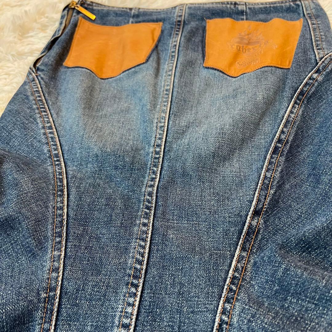 ロベルトカヴァリ ヴィンテージ デニム マーメイド スカート 革 ポケット 希少