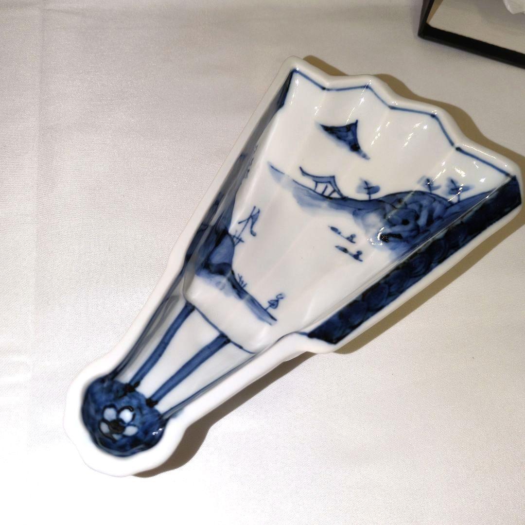 染付山水　半開扇　向付　青白磁　扇形皿　特選陶器５枚セット　箱入り