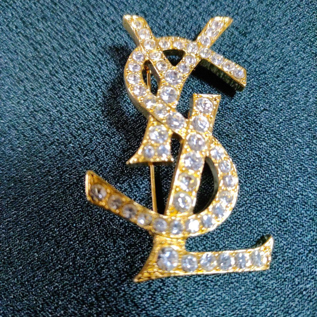 紀子 イヴ・サンローラン YSL ゴールドクリスタルロゴブローチ /鑑定済