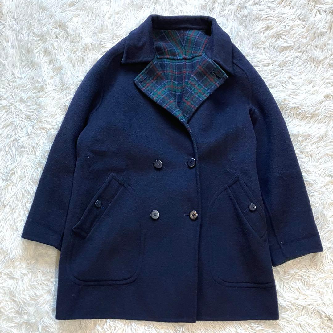 DAKS ダックス リバーシブルコート ダブル チェック ネイビー ミドル丈