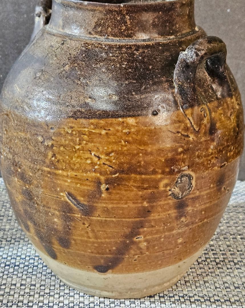 中国古陶磁器　古玩　宋時代　磁州窯系　 褐釉　双耳　胴継ぎ　壺　花入れ　伝世箱付