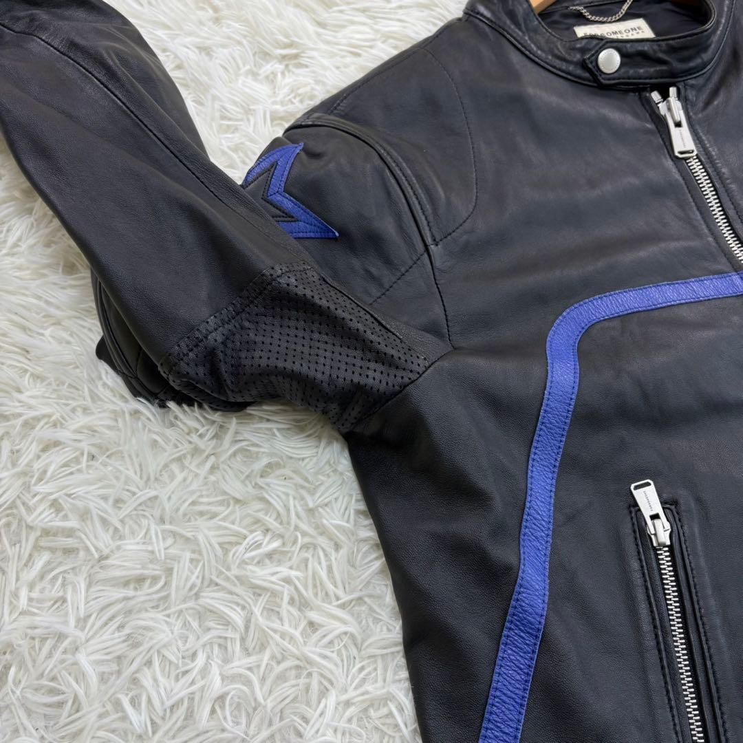 美品　フォーサムワン　シングルライダース　ラムレザー　登坂広臣　黒×青　L