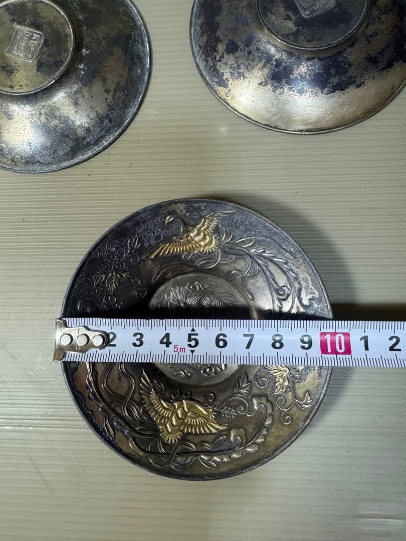 2257  時代　茶托　5客　龍文鳳凰　古銅　茶道具　金属工芸