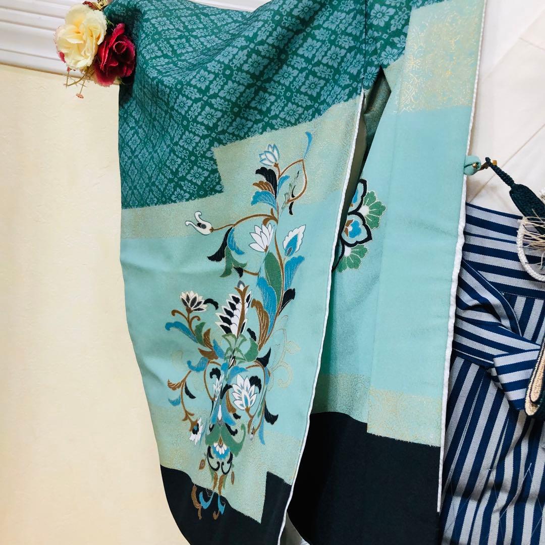 七五三 五歳‼️グリーン系に鷹金彩煌びやか‼️袴未使用しつけ糸付き‼️完全フルセット‼️