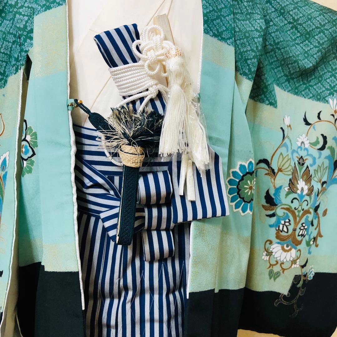 七五三 五歳‼️グリーン系に鷹金彩煌びやか‼️袴未使用しつけ糸付き‼️完全フルセット‼️