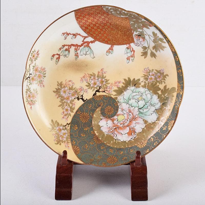 九谷焼　古九谷　色絵青粒金彩　桜牡丹文　飾皿　V　R8914