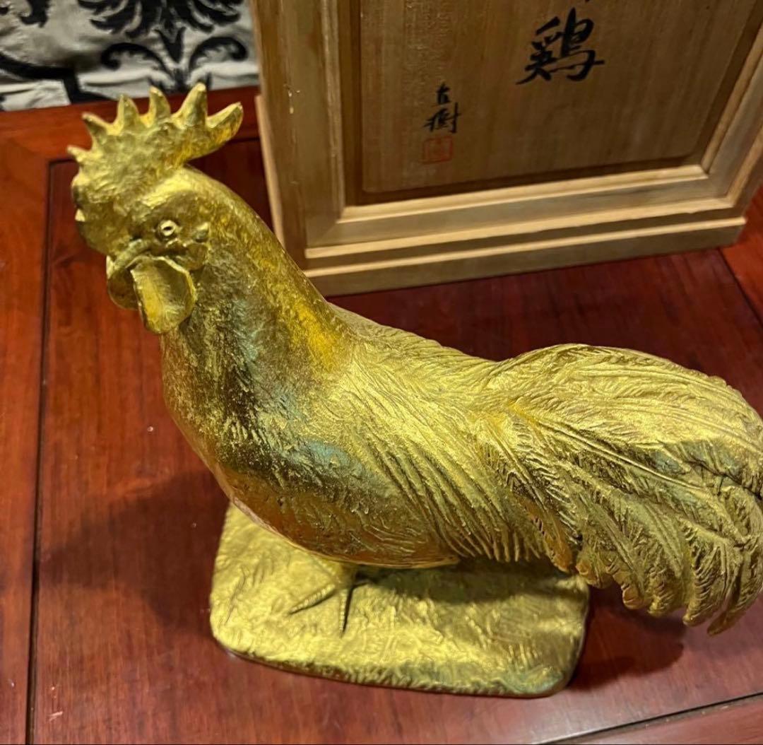 富永直樹 定価25万ブロンズ製 金箔仕上げ 御神鷄 ひとみ桐箱付　酉　インテリア