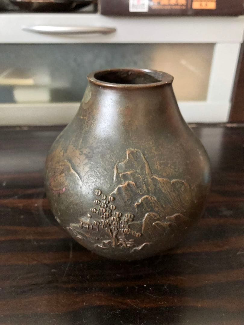 晴雲銅製 山水画 花瓶