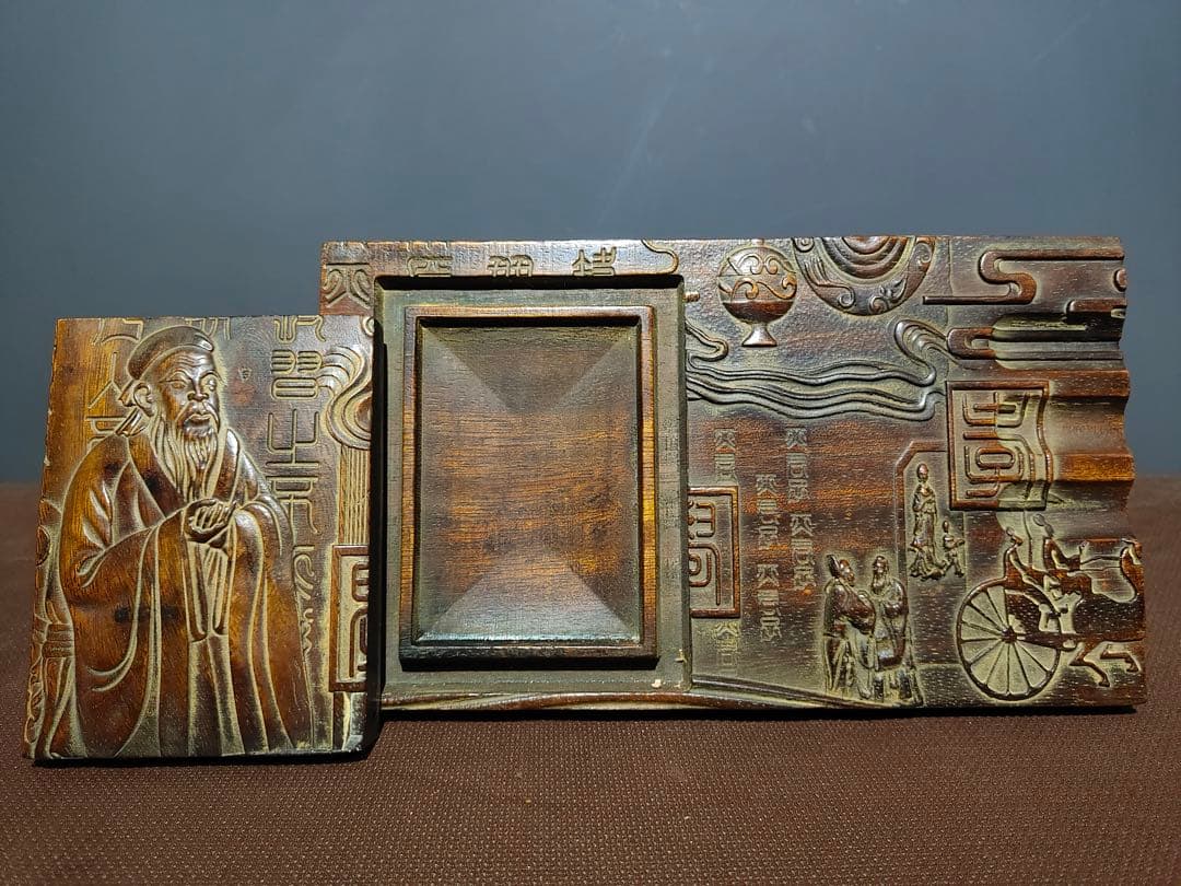 珍品　文房具　硯　希少老花梨木製・孔子手彫り硯台 文房四宝 書斎用高級インテリア