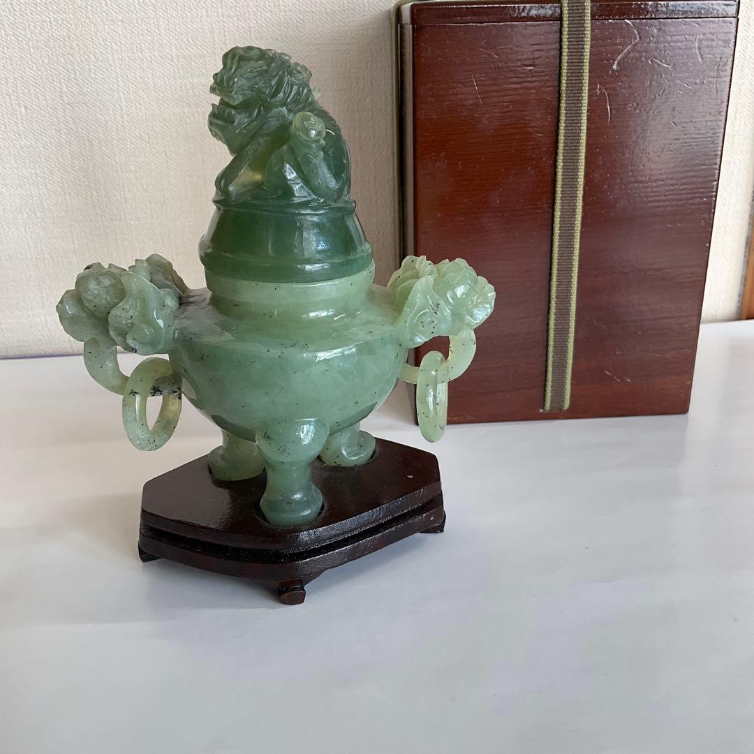 中国　碧玉環付獅子頭香炉