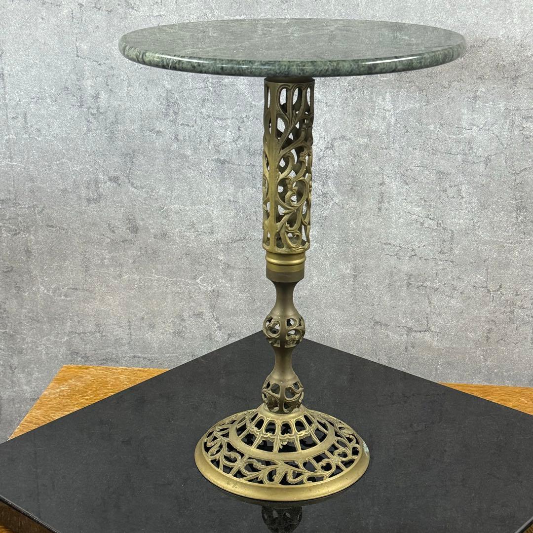アンティーク 花台 大理石 真鍮 装飾 彫り 丸テーブル