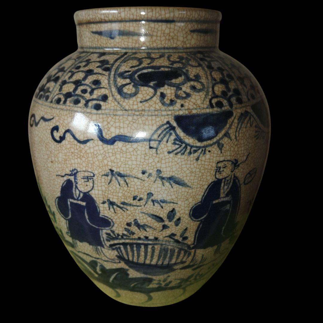 元代　人物画染付壺　花瓶　中国古玩