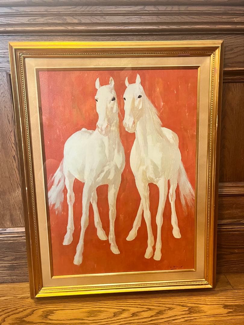 ⭕️ アルニー 白馬のペア サラブレッド 油彩画 金色フレーム