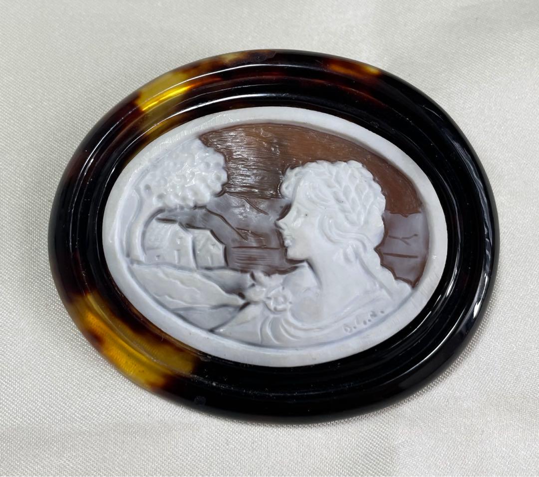 カメオ 鼈甲 ヴィンテージ ストーンカメオ ブローチ