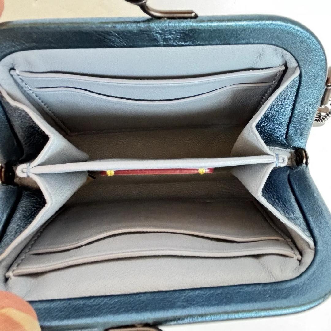 コーチ　水原希子　がま口　小銭入れ　財布　メタリックブルー　75947