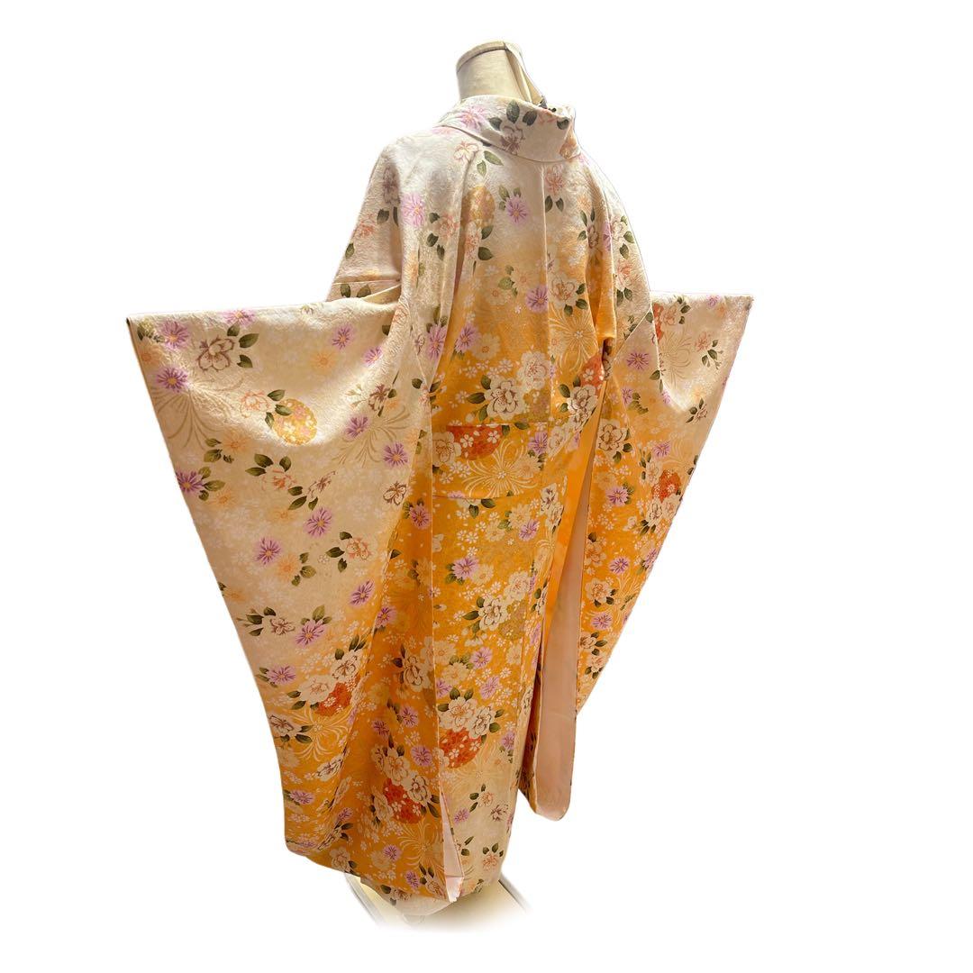 振袖 正絹 オレンジ 総柄 桜 金刺繍 オーロラ刺繍