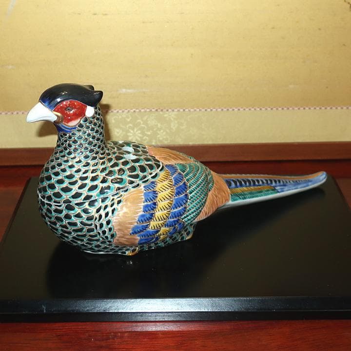 茶道具 インテリ置物　九谷焼　香炉　仁清風色絵金彩 雉子