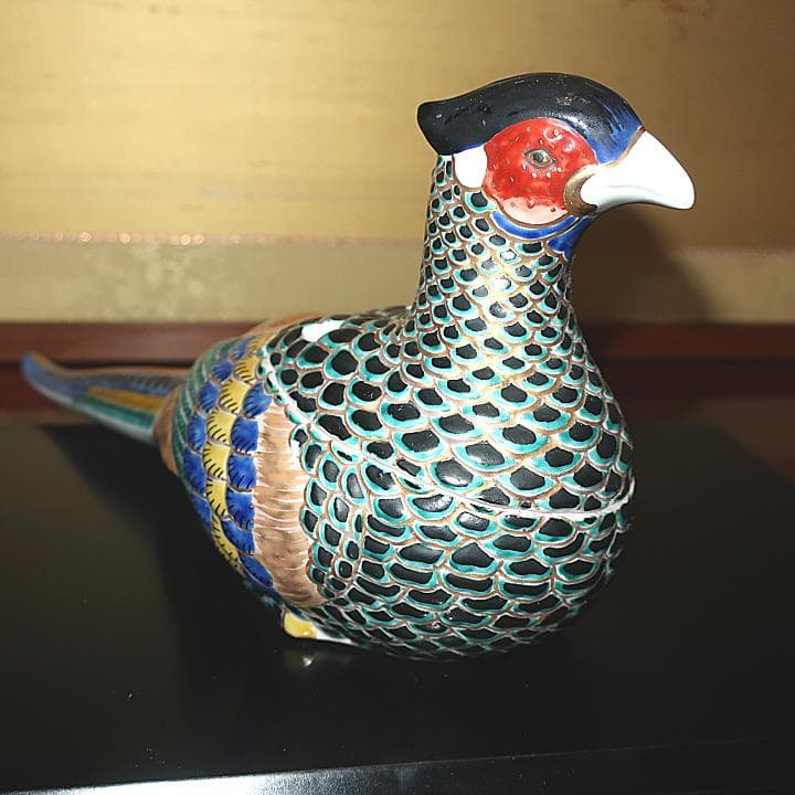 茶道具 インテリ置物　九谷焼　香炉　仁清風色絵金彩 雉子