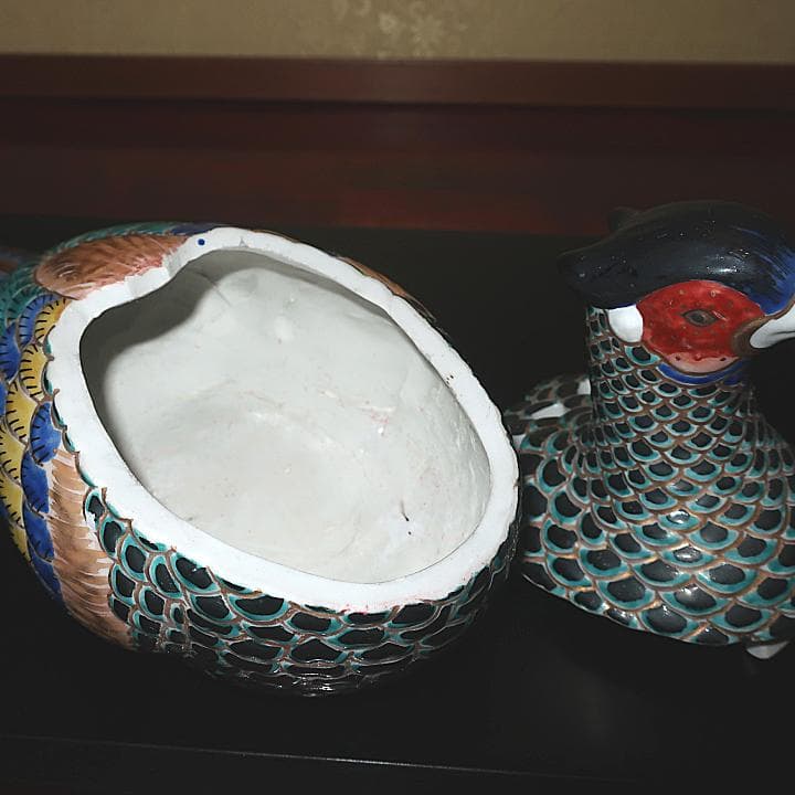 茶道具 インテリ置物　九谷焼　香炉　仁清風色絵金彩 雉子