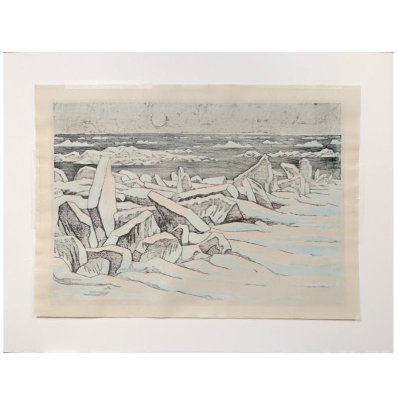 ☆ 大本 靖 ☆「流氷のオホーツク」木版画　小全紙　A.P　未使用額！