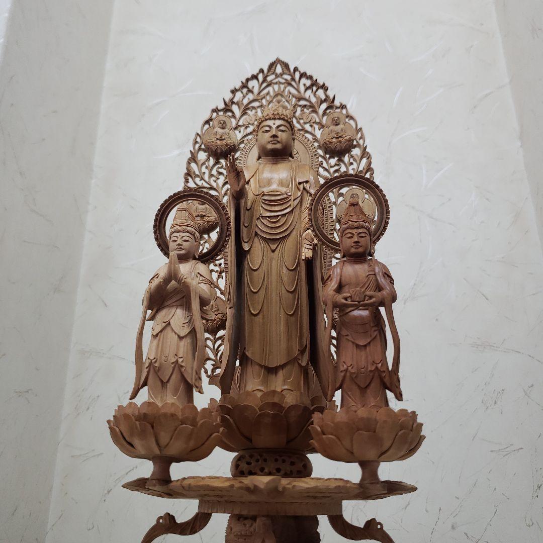 Ｂフライデー後背羅漢彫★総白檀 阿弥陀如来三尊像6寸立 眼入観音菩薩・勢至菩薩付