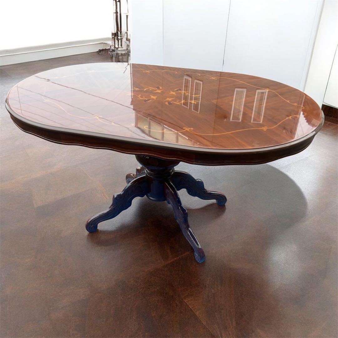 ダイニングテーブル 楕円形　象嵌　イタリア製　ロココ式　猫脚　アンティーク調