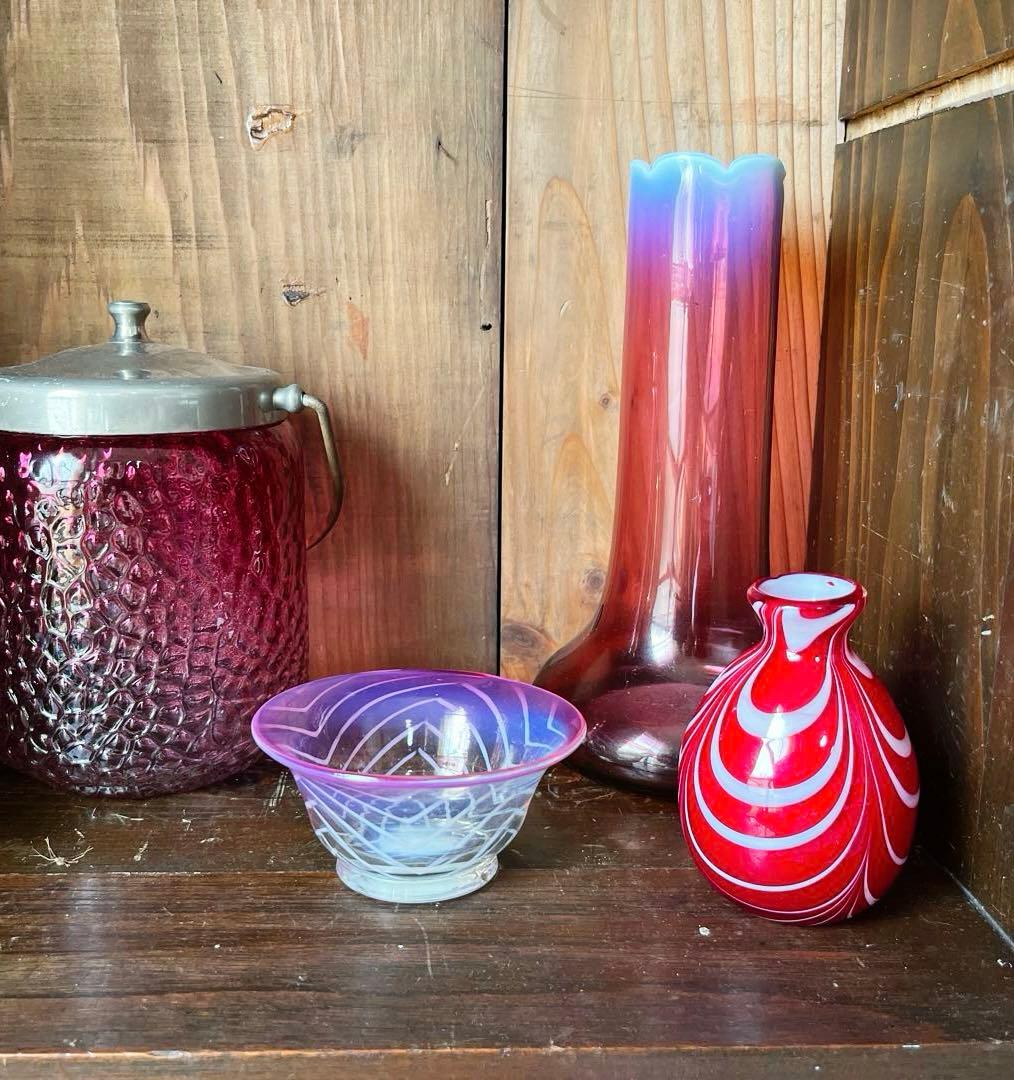 骨董　時代ガラス　超希少　金赤フチ　反り口　澤瀉紋　氷コップ　氷鉢　ウランガラス