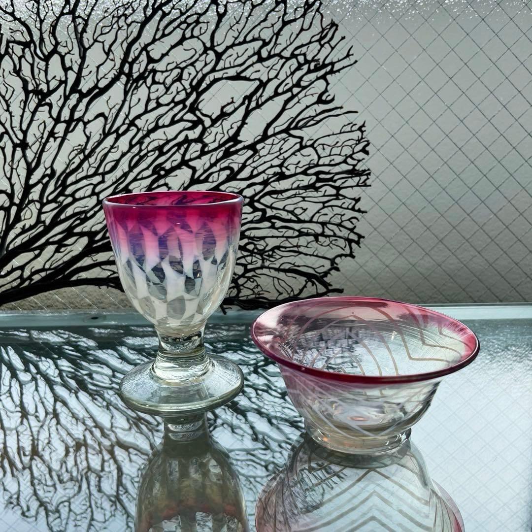 骨董　時代ガラス　超希少　金赤フチ　反り口　澤瀉紋　氷コップ　氷鉢　ウランガラス