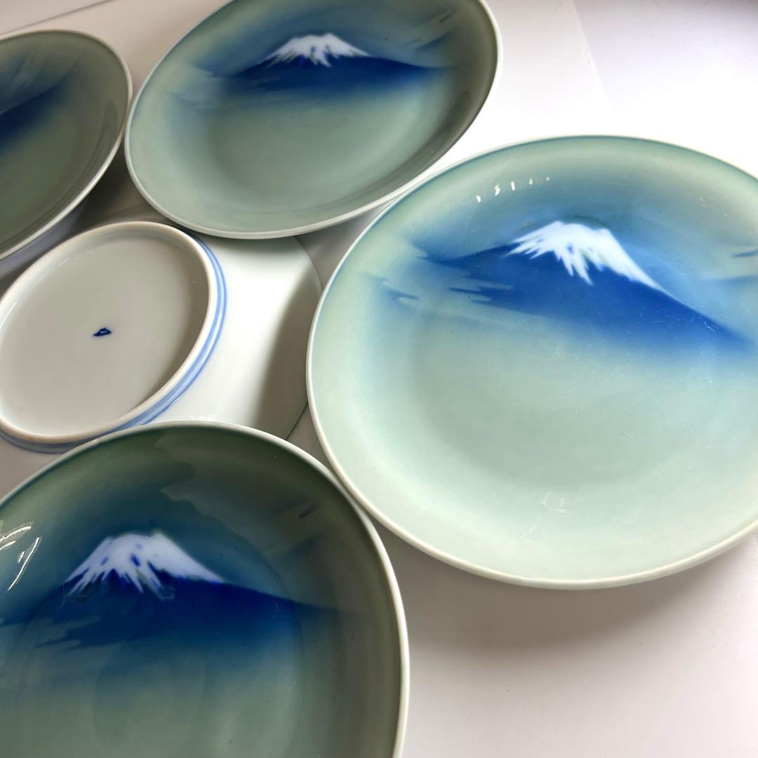 明治時代　深川製　富士図中皿5枚　直径約17.5㎝　東Y7-1104☆2Fタカオ