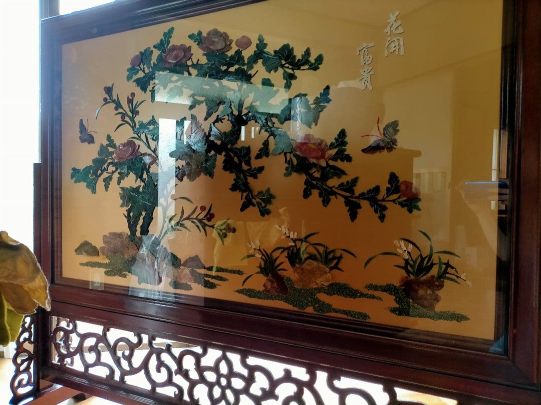 骨董 アンティーク 衝立 ついたて 中国美術 透かし ガラス パーティション