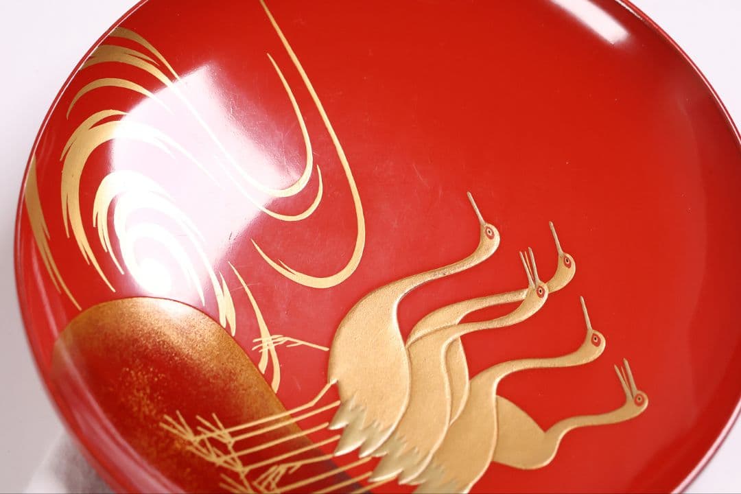 【CM373】時代木製漆器 光琳写 金蒔絵 群鶴図 朱塗 引盃 五客 小皿 杯