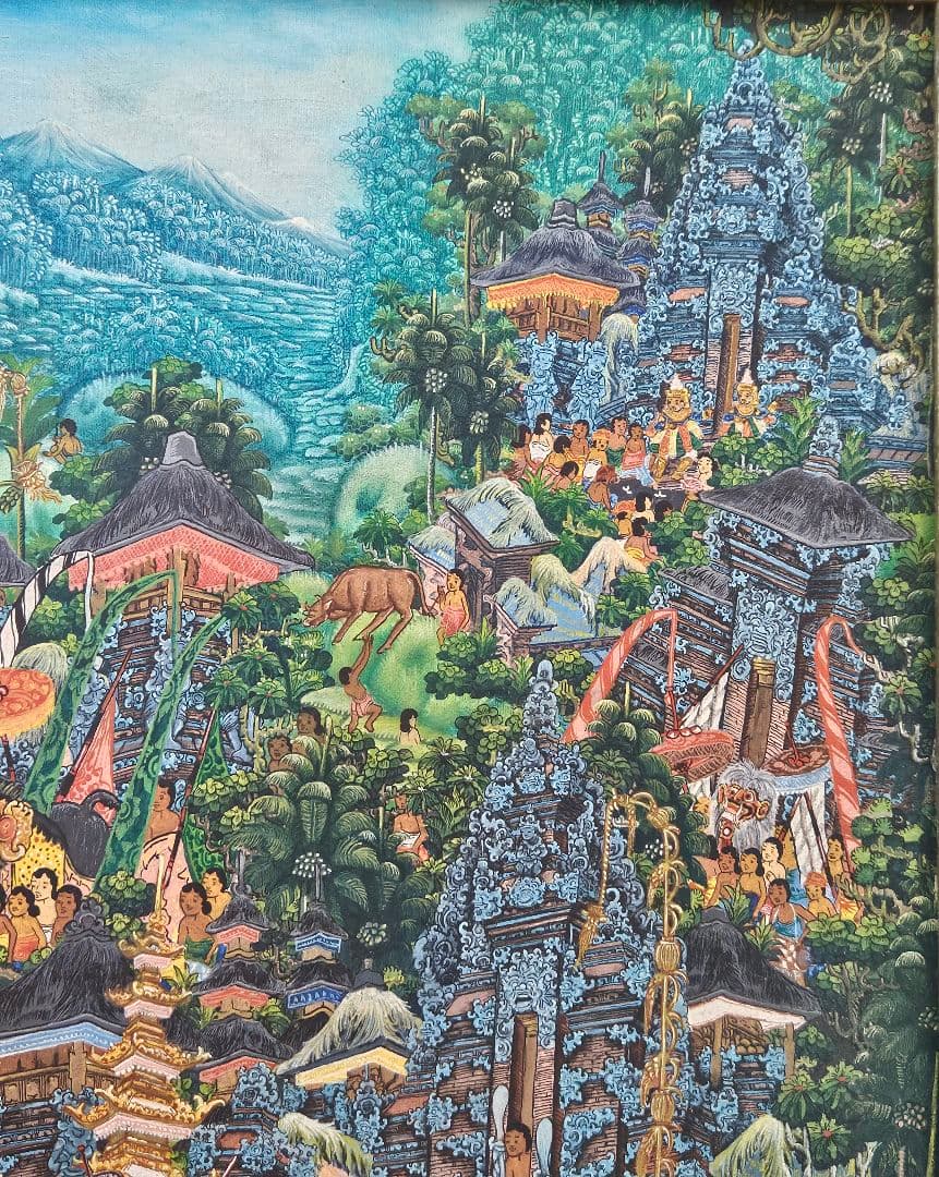 バリの風景 油彩画 PADE KETUT BONGKASO　 寺院お祭り図　額装