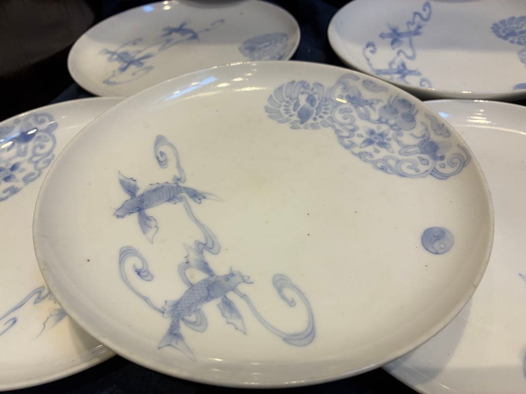 古伊万里写し　十二代武村利左衛門　染付七寸皿　5枚　傷無し金魚と丸紋