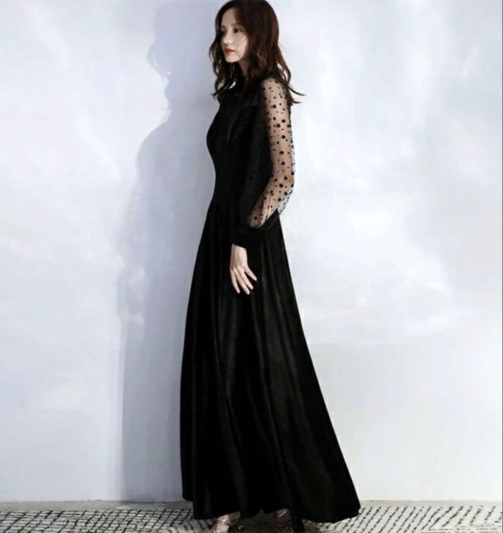 【新品】ブラック レーススリーブ マキシドレス/ベルベットバージョン