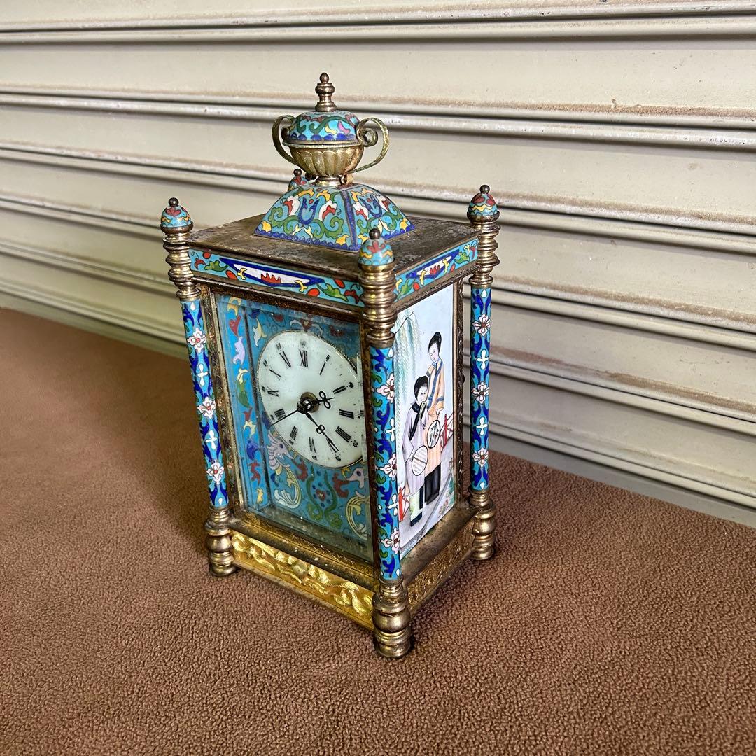 CF5★中国美術★ ガラス製 時計 置時計 アンティーク 七宝時計 インテリア