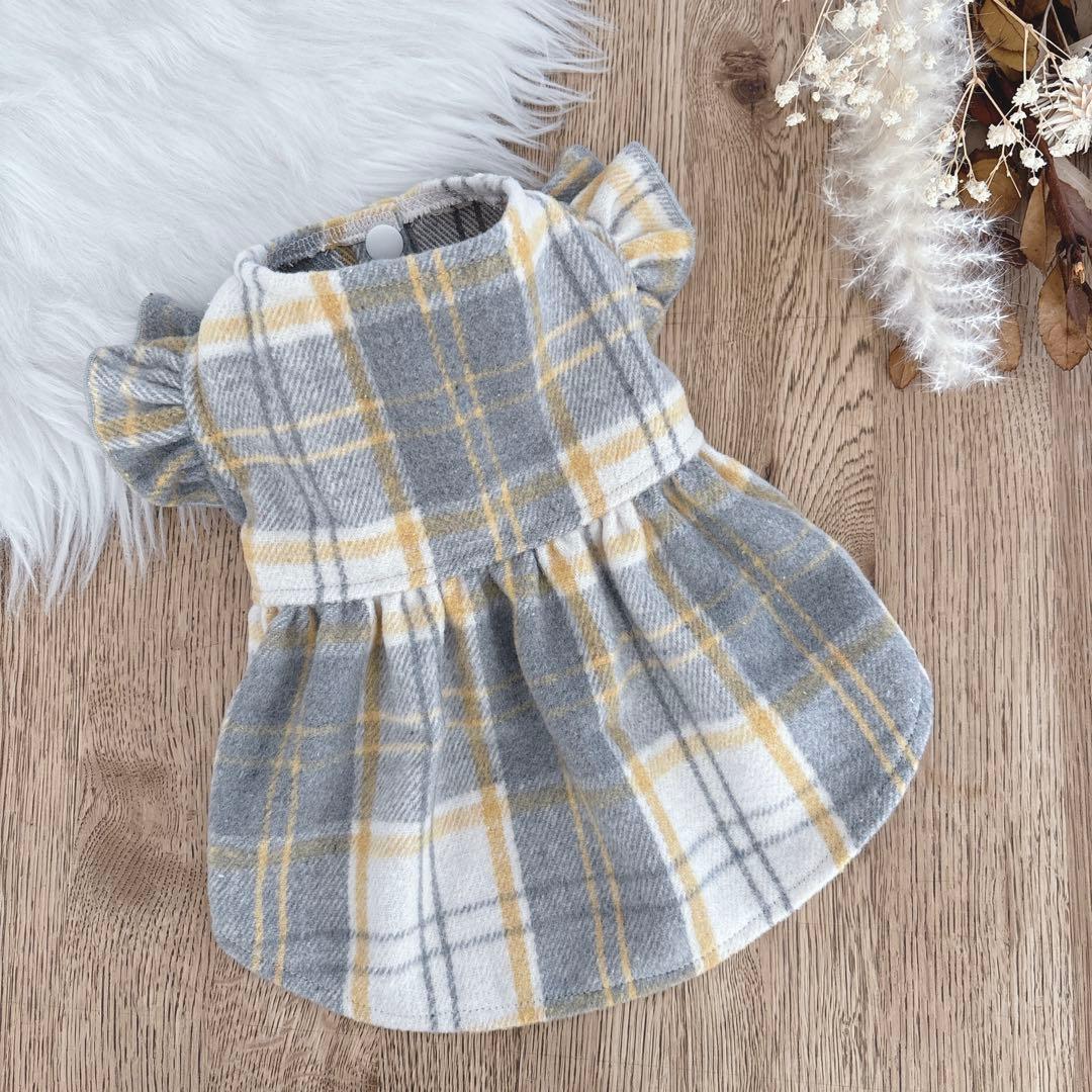 ハンドメイド　グレー×イエロー起毛チェック　フリル付きノーカラー前開きワンピ