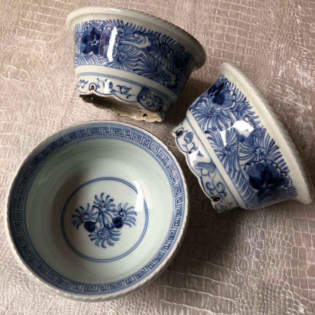 古伊万里 染付 花唐草文鉢　３客　江戸後期