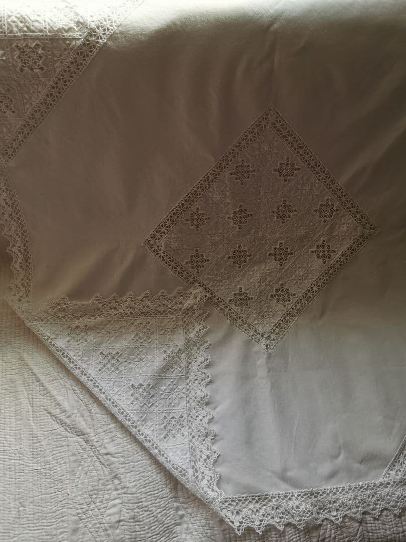 アンティーク 北欧ハーダンガー刺繍＆クロシェレース リネンクロス スノーフレーク