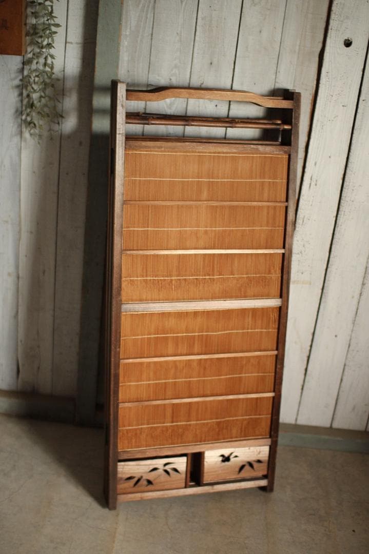 古い竹簾屏風 衝立　目隠し　四つ折り　透かし彫り　古民家　古道具