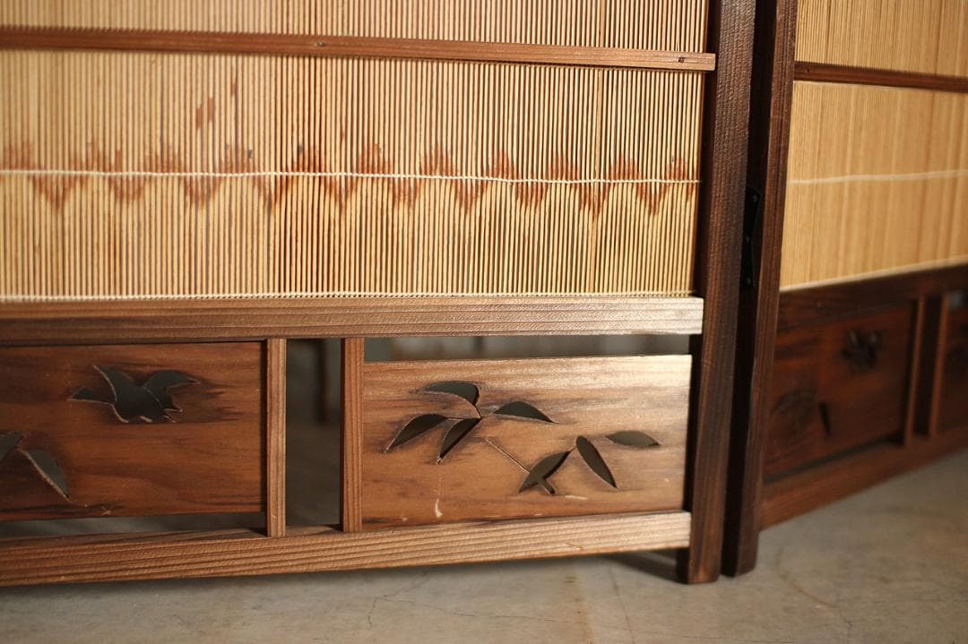 古い竹簾屏風 衝立　目隠し　四つ折り　透かし彫り　古民家　古道具