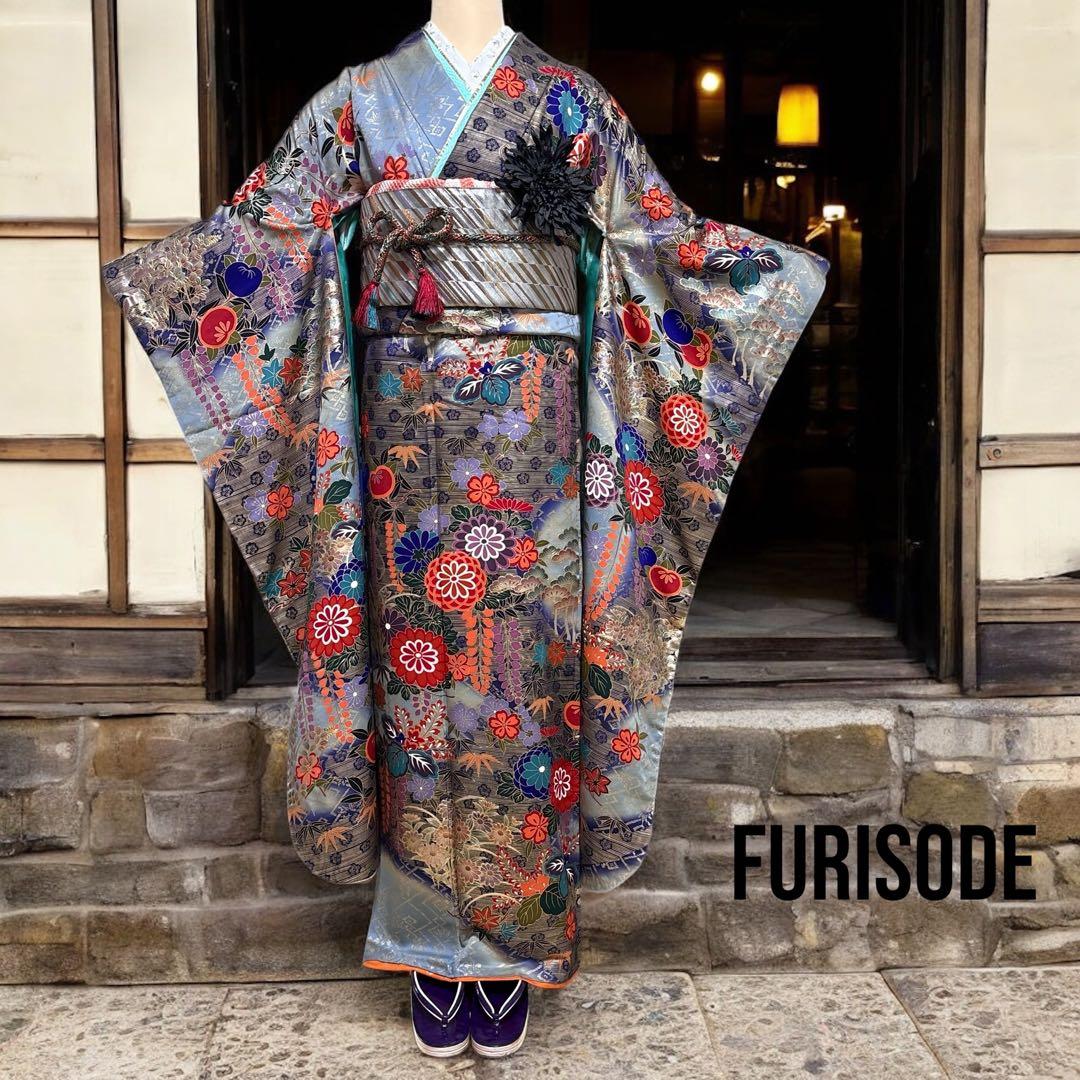 (あ969)渋めの色味の振袖㊗️大振袖⑤点セット✨