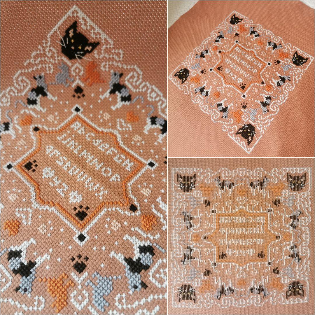 アンティークフランス 22匹の猫＆肉球色糸刺繍フレーム アルファベットサンプラー