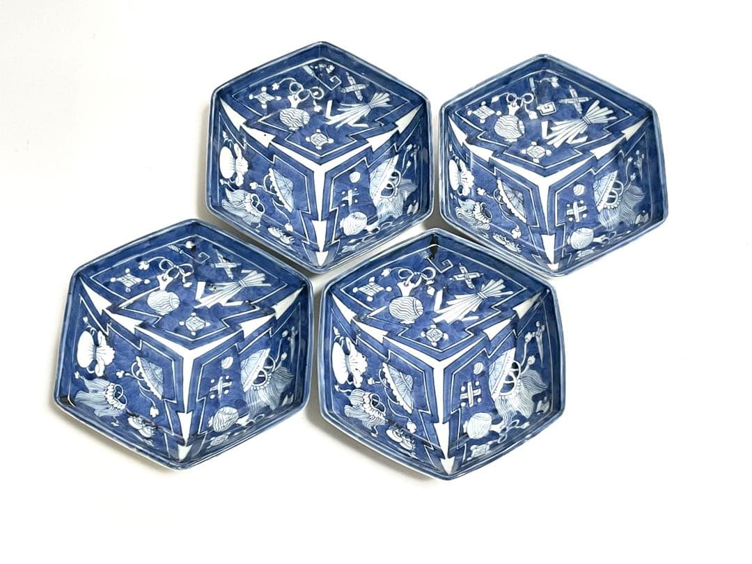 古伊万里　染付　宝尽図　幾何学　六角形　向付　小皿　4枚　アンティーク　骨董
