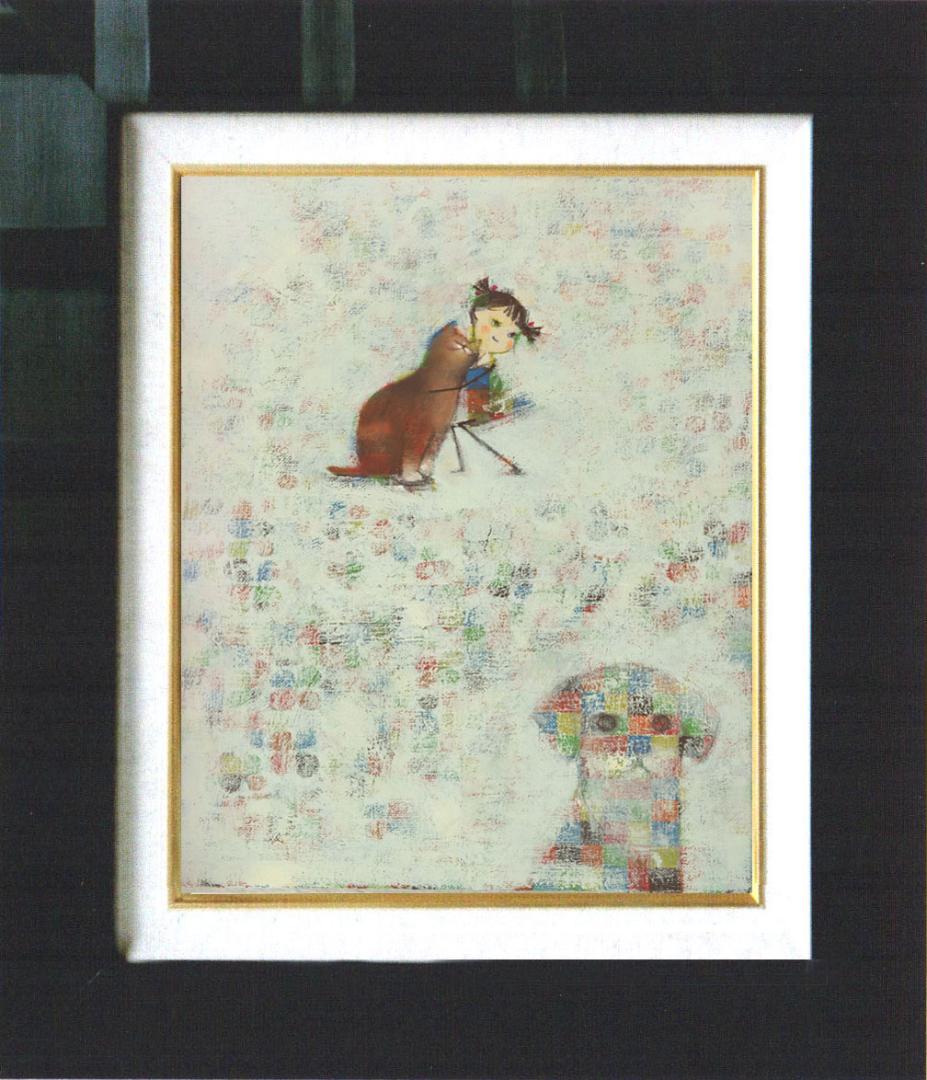 油絵 菅家令子 絵 絵画インテリア F4-072419 可愛い子猫と子犬と女の子