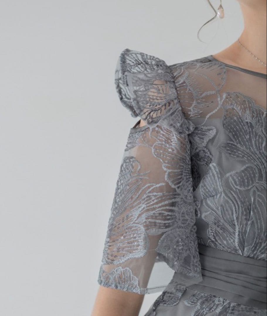 Leja グレー レース フリル袖 パーティードレス Mサイズ