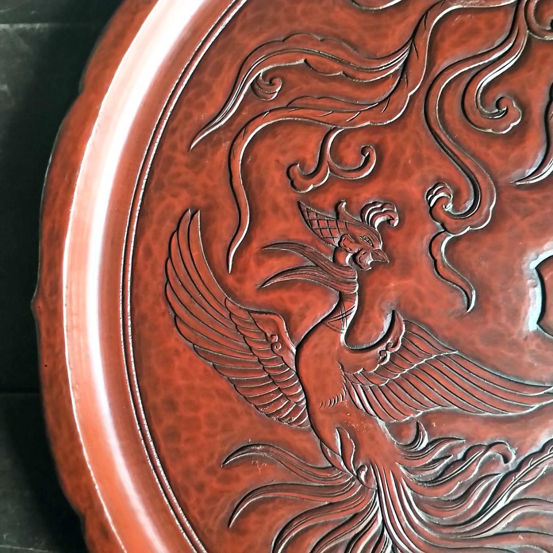 最高級 鎌倉彫　48㎝ 超大型 15寸 博古堂　鳳凰・古鏡モチーフ　丸盆・丸皿