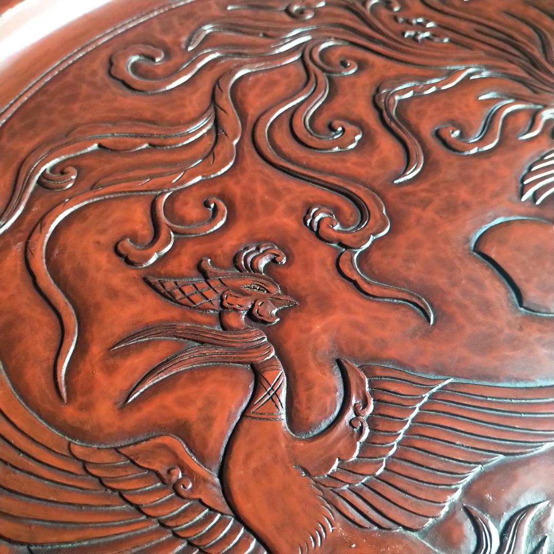 最高級 鎌倉彫　48㎝ 超大型 15寸 博古堂　鳳凰・古鏡モチーフ　丸盆・丸皿
