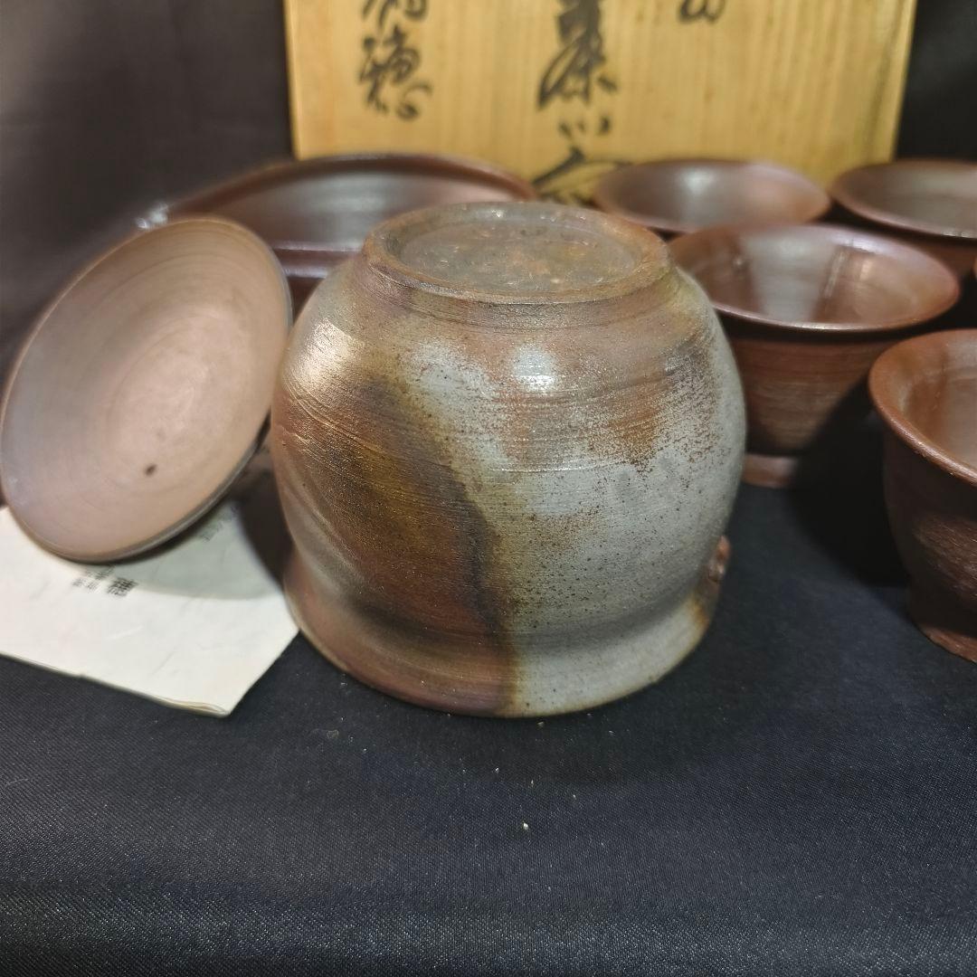 煎茶道具 備前焼 小野田瑞穂　窯変宝瓶 寿桃摘み 湯冷まし 茶杯セット 火襷