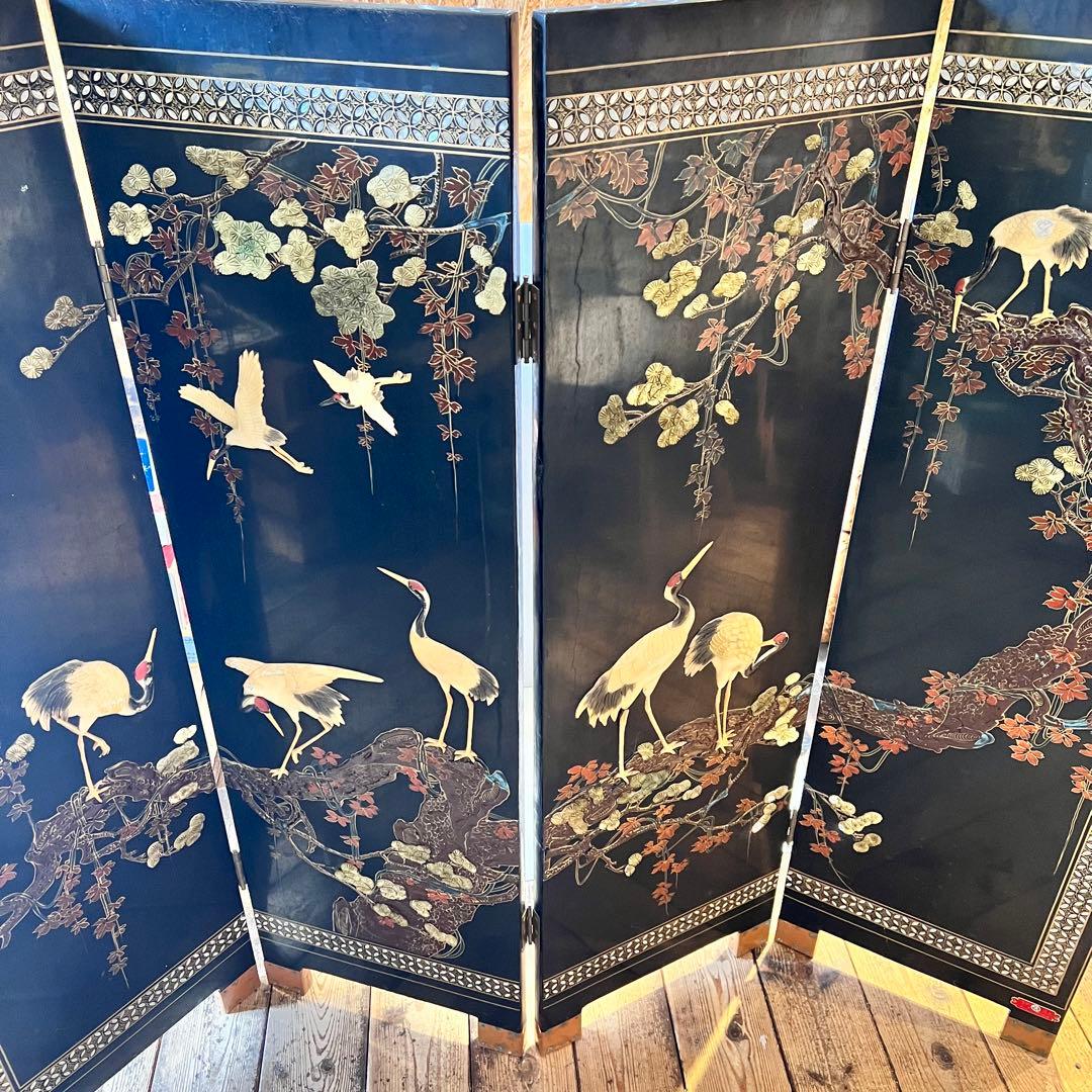 一点　中国美術 螺鈿細工 鶴　年代物　パーテーション 飛天 漆器 天水